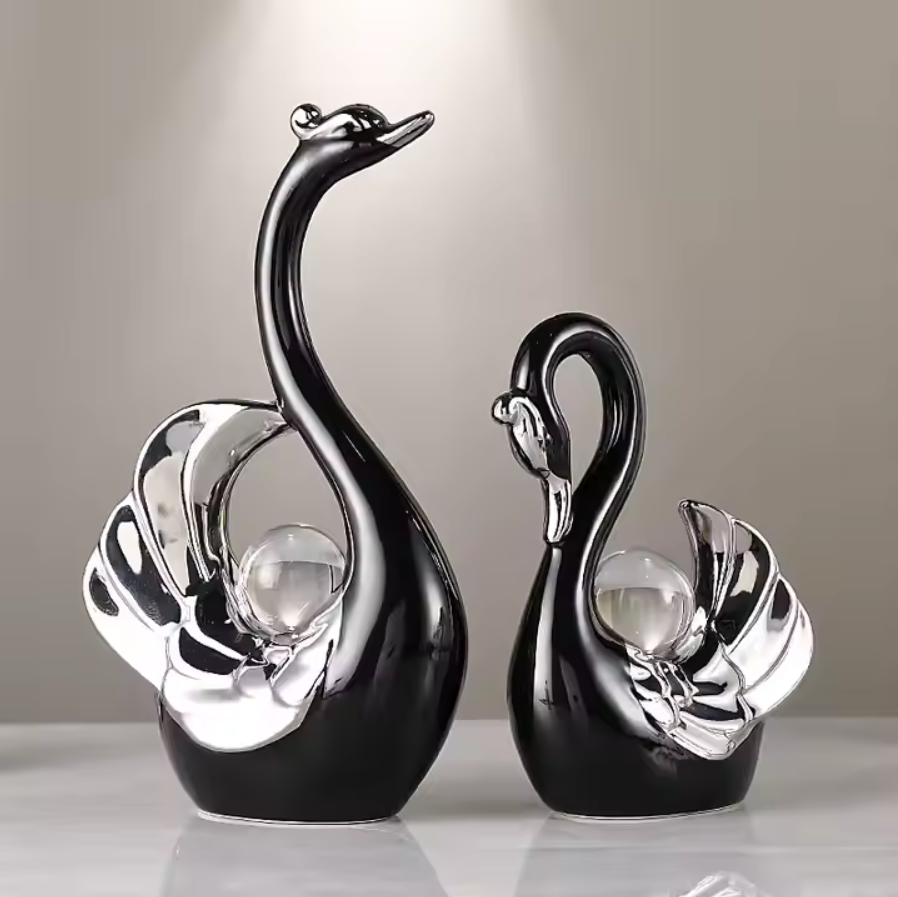 Modern Black and Silver Swan Figurine Set  Elegant Ceramic Couple Sculptures for Home Decor, Living Room, Bedroom, or Office