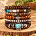 Western Boho Turquoise Heart Bracelet Stack – Rustic Wood Bead & Leather Bracelet Set