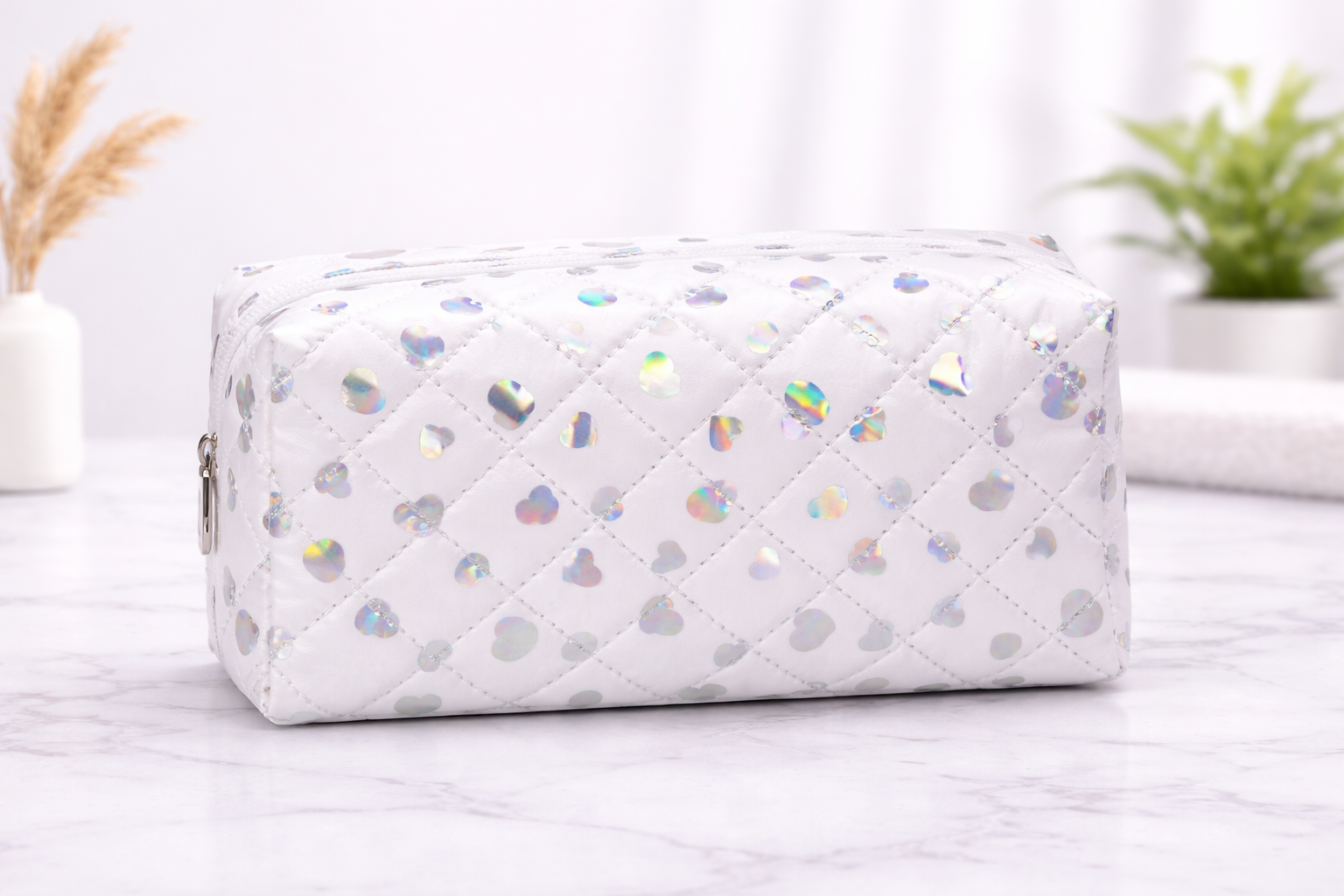 Quilted Makeup Bag with Holographic Hearts – Large Cosmetic Organizer Pouch