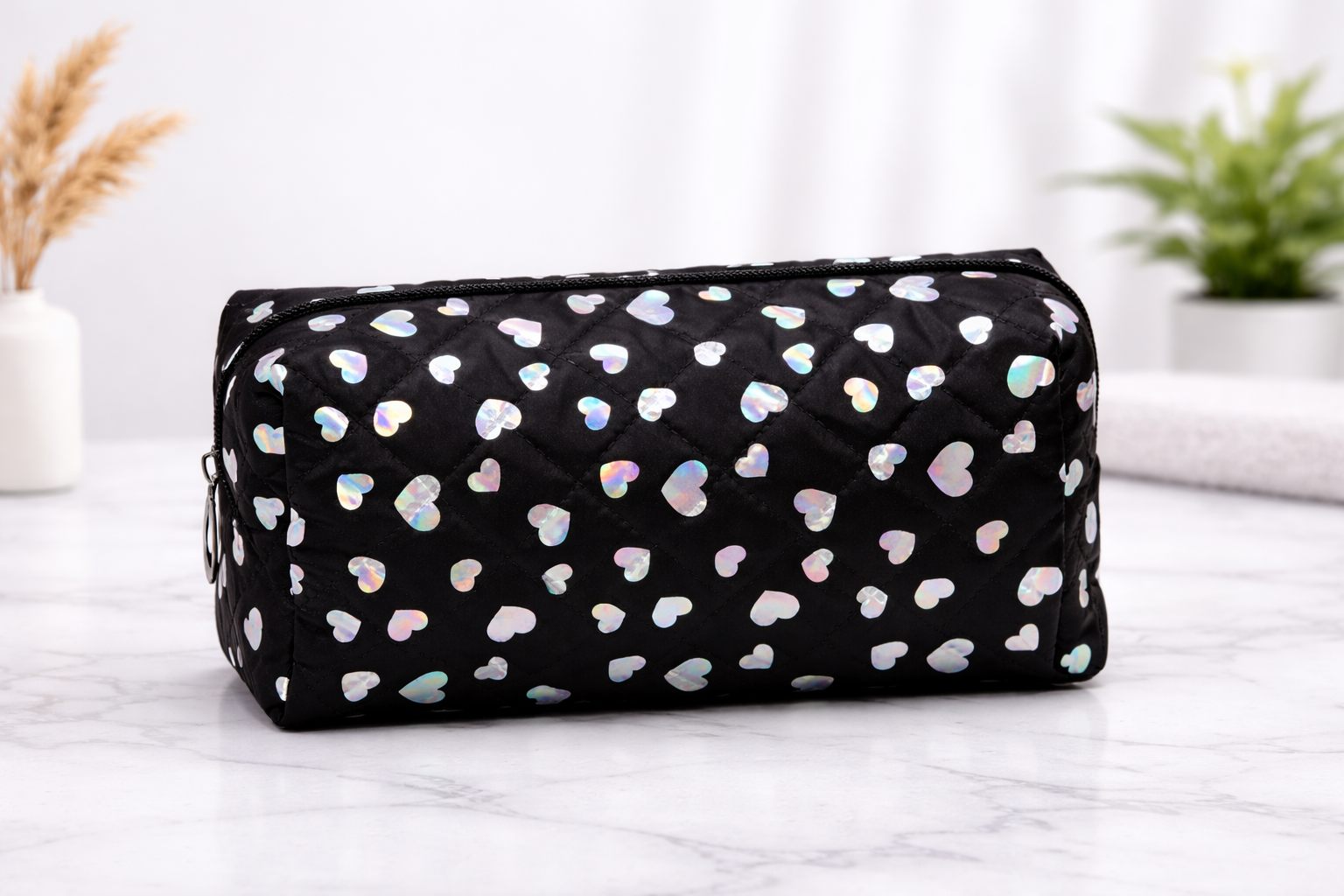 Quilted Makeup Bag with Holographic Hearts – Large Cosmetic Organizer Pouch