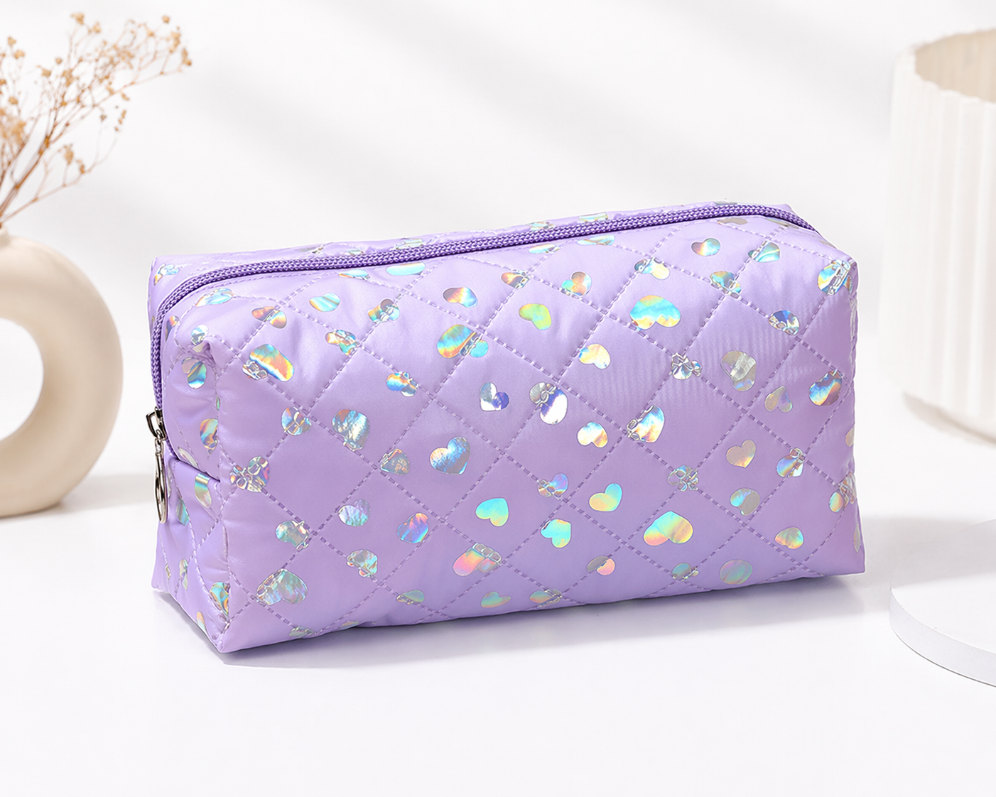 Quilted Makeup Bag with Holographic Hearts – Large Cosmetic Organizer Pouch