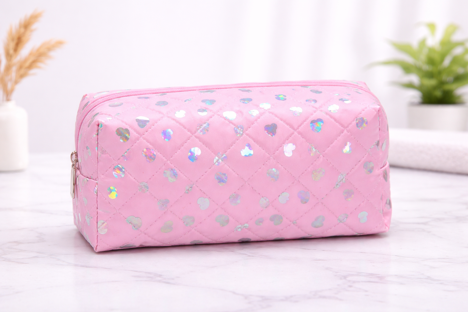 Quilted Makeup Bag with Holographic Hearts – Large Cosmetic Organizer Pouch