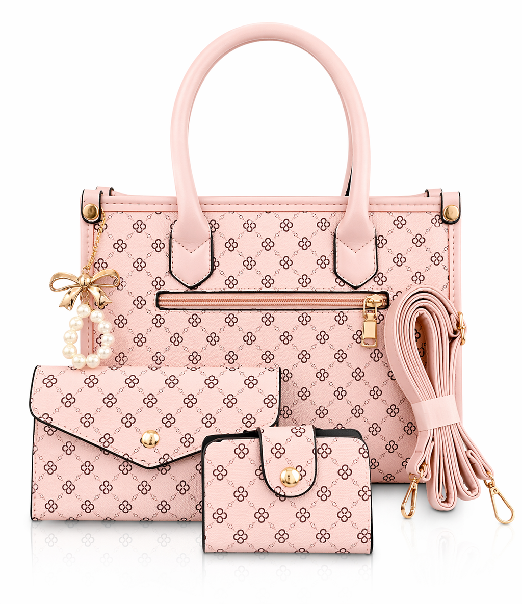 4-Piece Designer Style Handbag Set – Pattern Tote, Crossbody Strap, Wallet & Card Holder