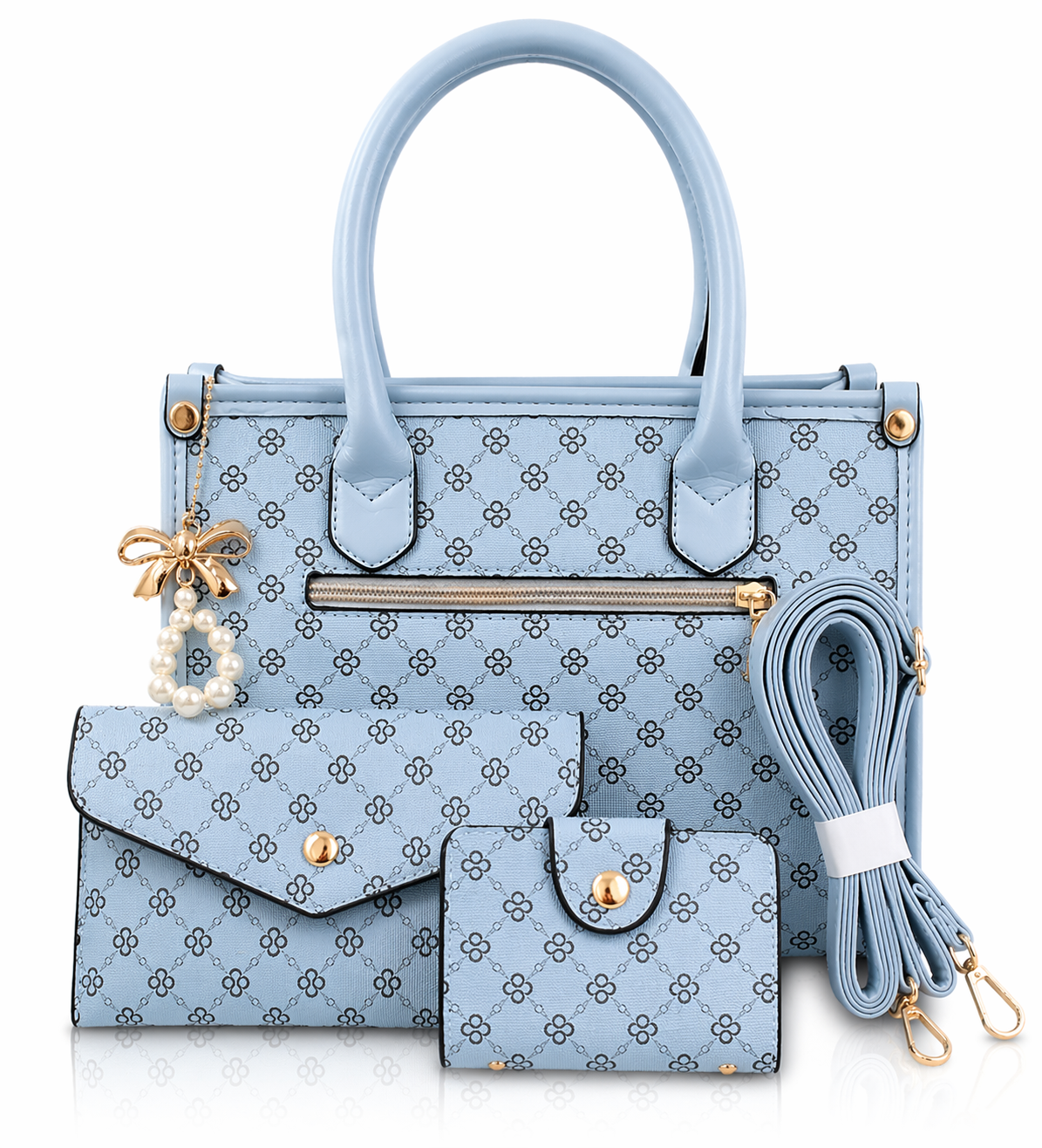 4-Piece Designer Style Handbag Set – Pattern Tote, Crossbody Strap, Wallet & Card Holder
