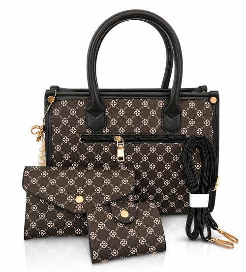 4-Piece Designer Style Handbag Set – Pattern Tote, Crossbody Strap, Wallet & Card Holder