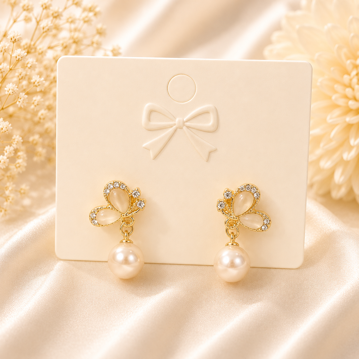 Golden Butterfly Pearl Drop Earrings