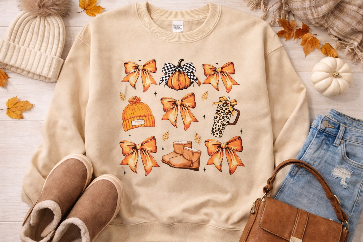 Women’s Fall Bow Pumpkin Graphic Crewneck Sweatshirt