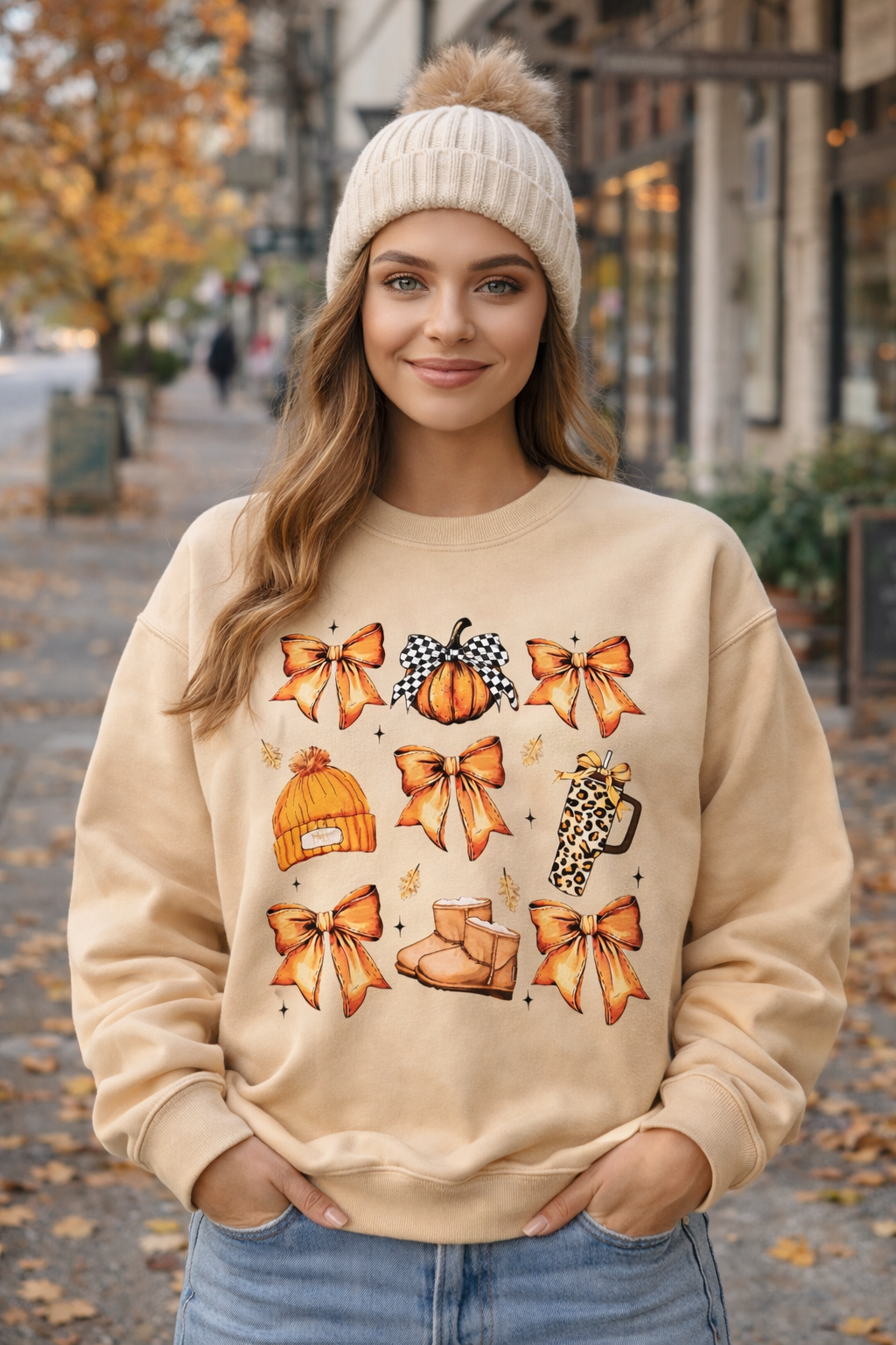 Women’s Fall Bow Pumpkin Graphic Crewneck Sweatshirt