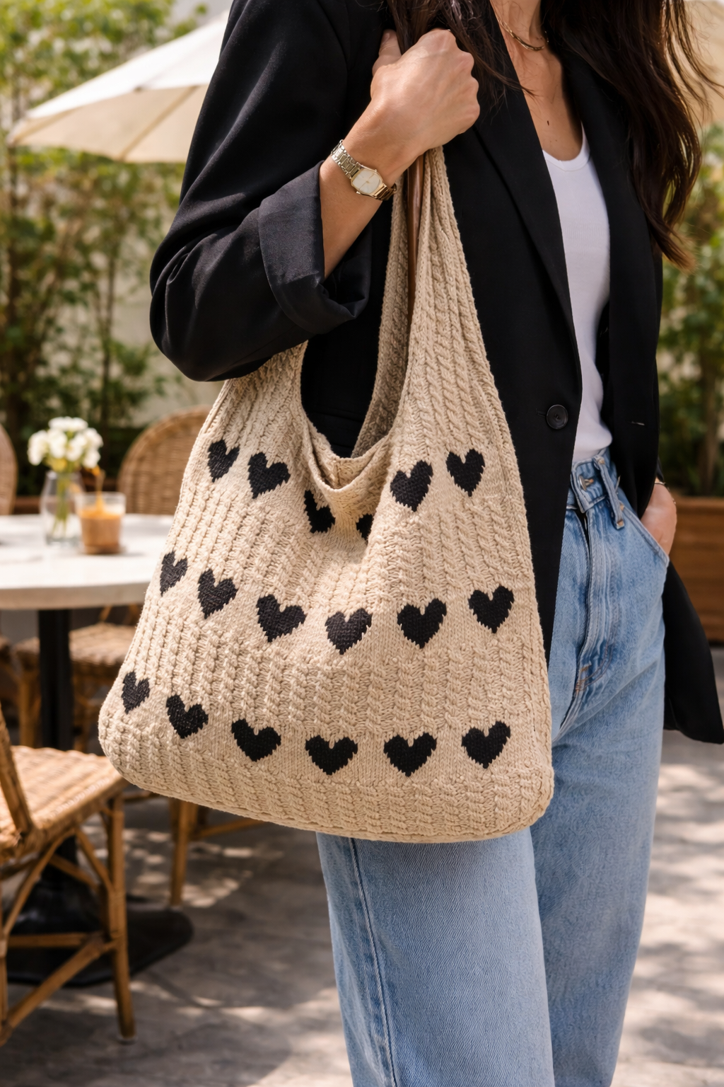 Heart Pattern Yarn Vintage Tote Bag