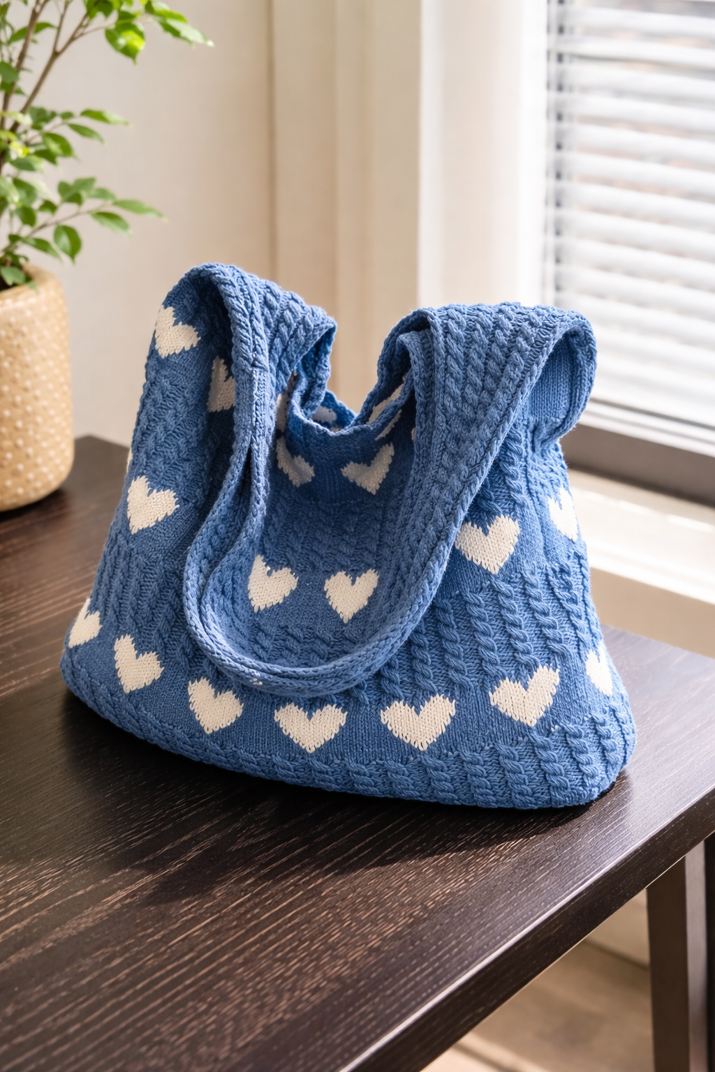 Heart Pattern Yarn Vintage Tote Bag
