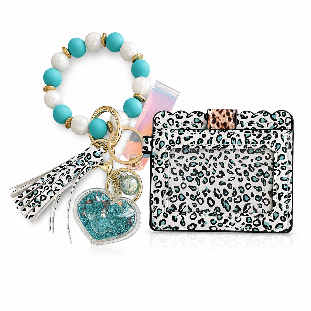 Western Leopard Card Holder Wallet with Turquoise Wristlet Keychain Set