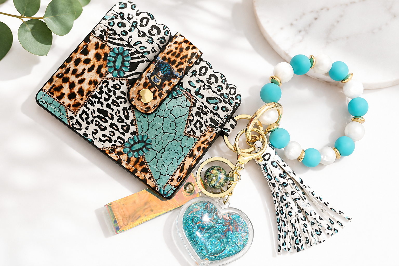 Western Leopard Card Holder Wallet with Turquoise Wristlet Keychain Set