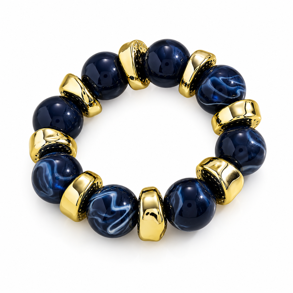Luxury Marble Beaded Stretch Bracelet with Gold Accents – Multiple Colors