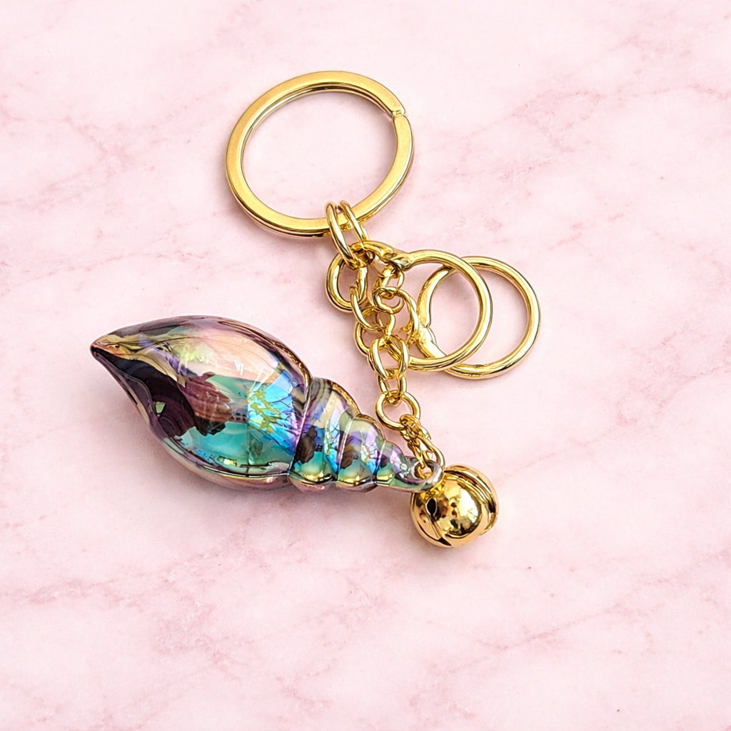 Iridescent Shell Keychain Charm with Gold Bell