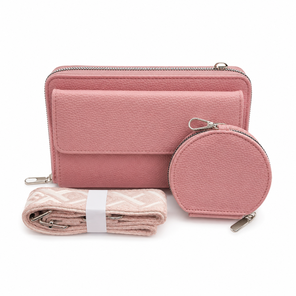 3-Piece Wallet & Coin Purse Set with Adjustable Strap (7 colors)