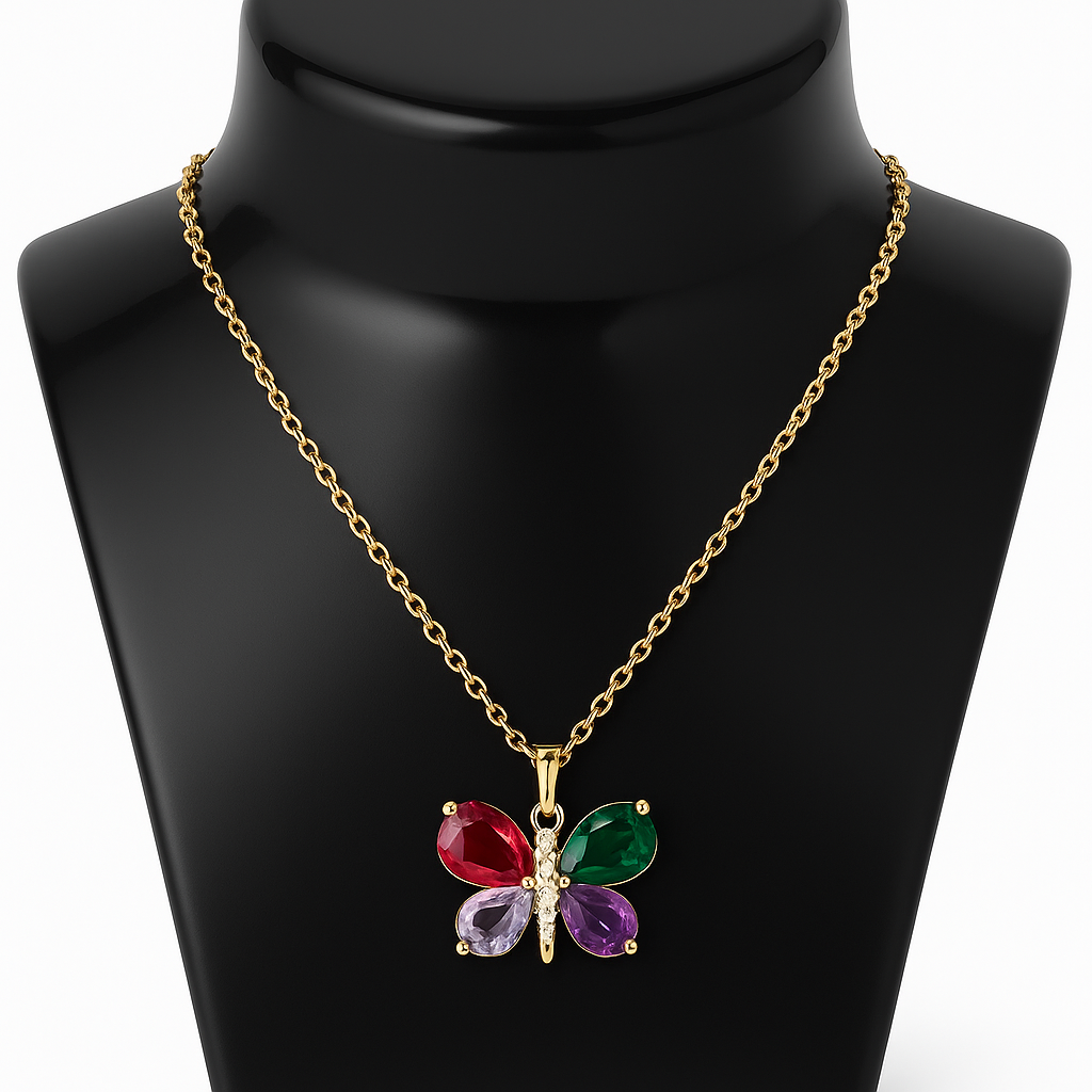 Butterfly Gemstone Pendant Necklace – 18K Gold Plated, Non-Tarnish