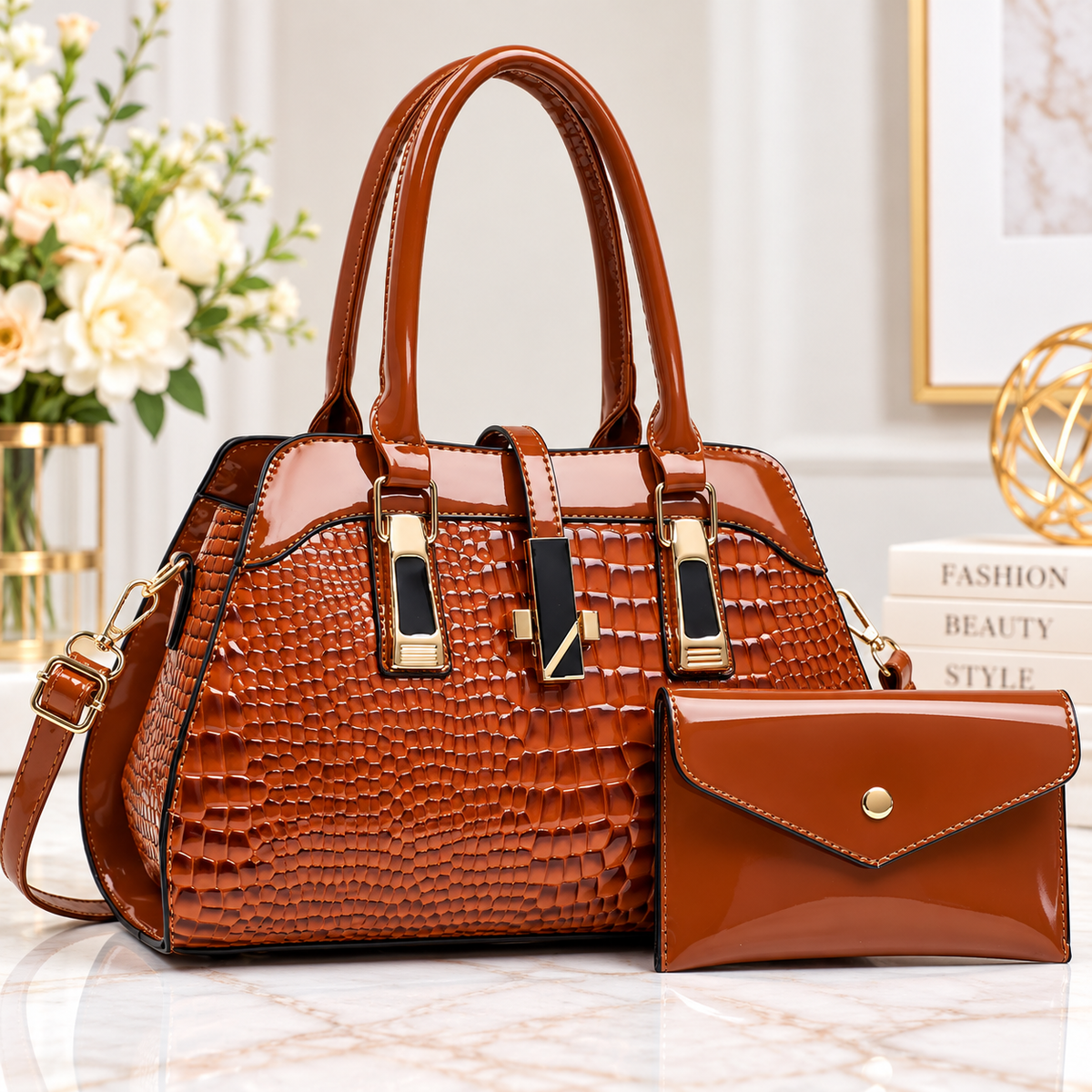 Luxe Croc-Embossed Satchel Handbag & Matching Wallet Set