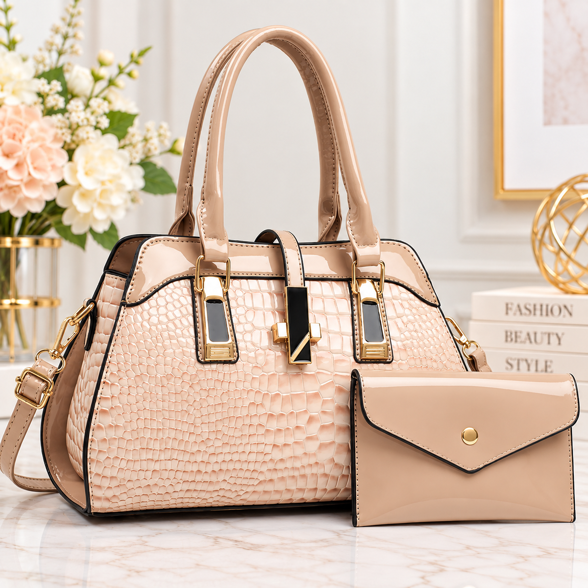 Luxe Croc-Embossed Satchel Handbag & Matching Wallet Set