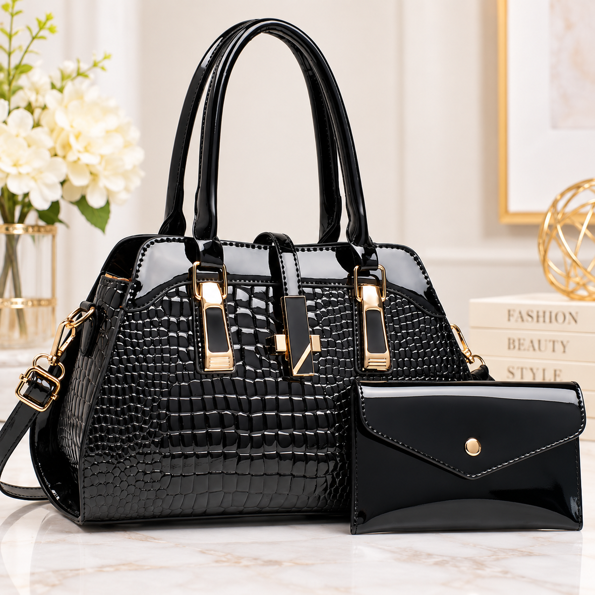 Luxe Croc-Embossed Satchel Handbag & Matching Wallet Set