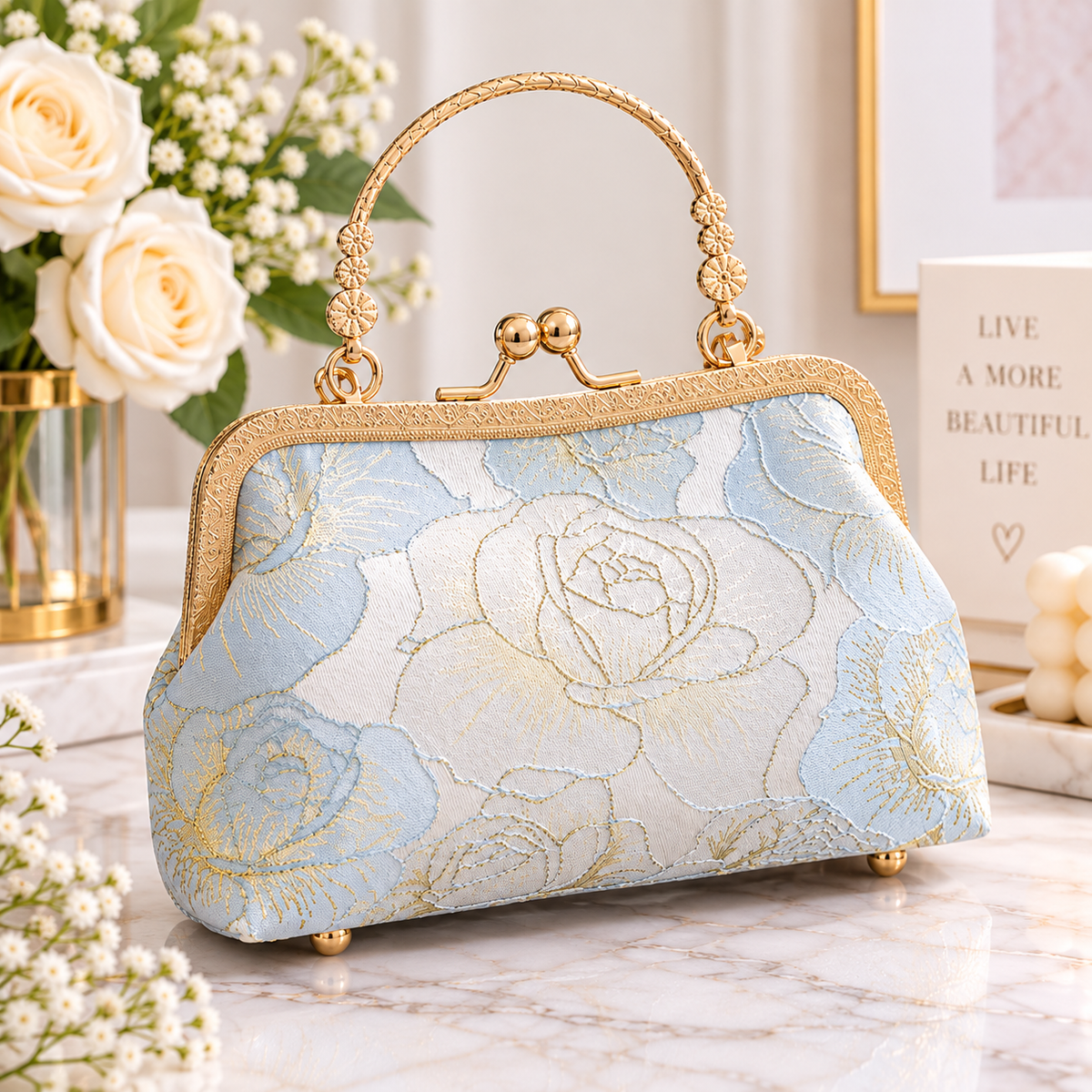 Vintage Rose Floral Kiss-Lock Evening Handbag