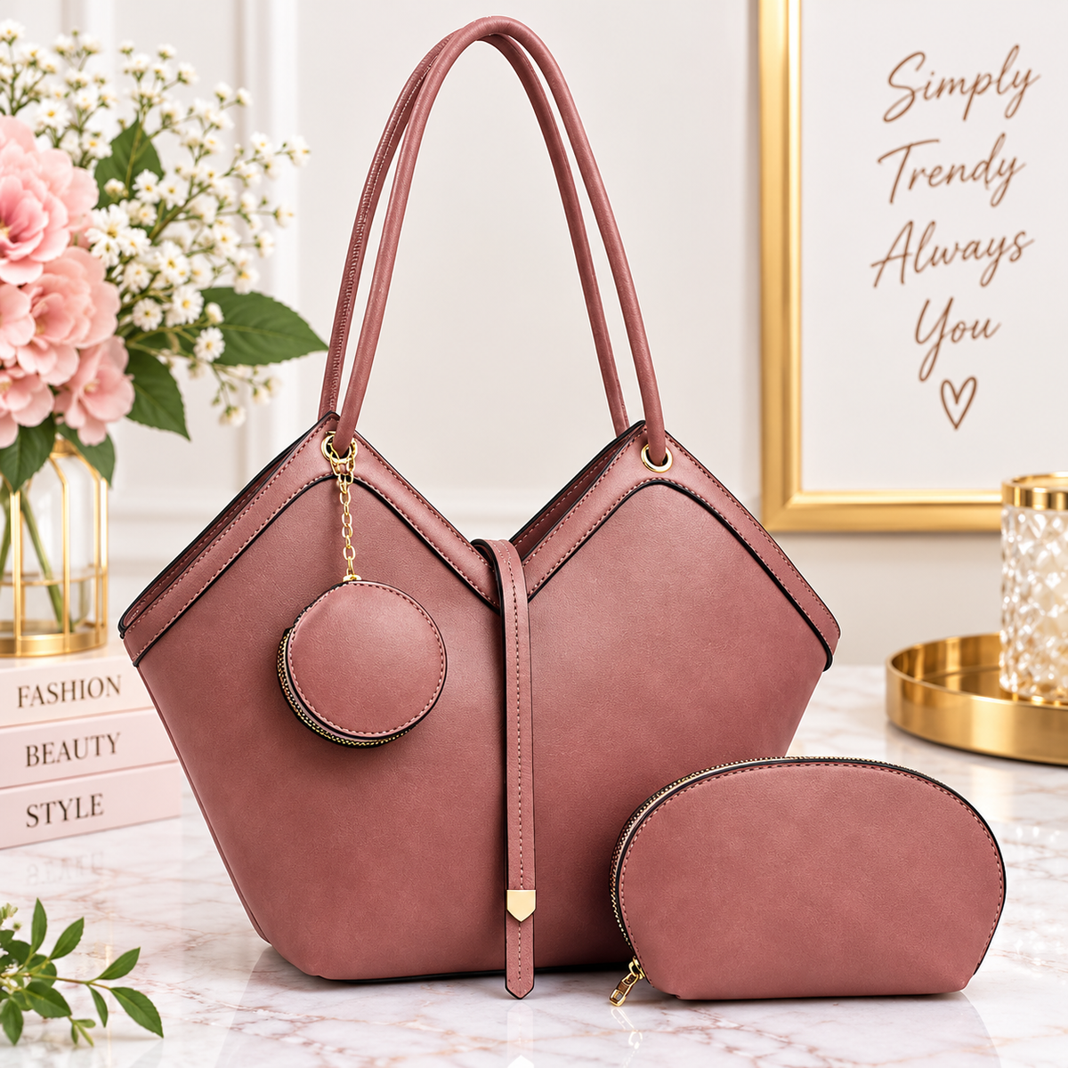 Chic V-Shape Tote Handbag 3-Piece Set with Matching Pouch & Coin Purse
