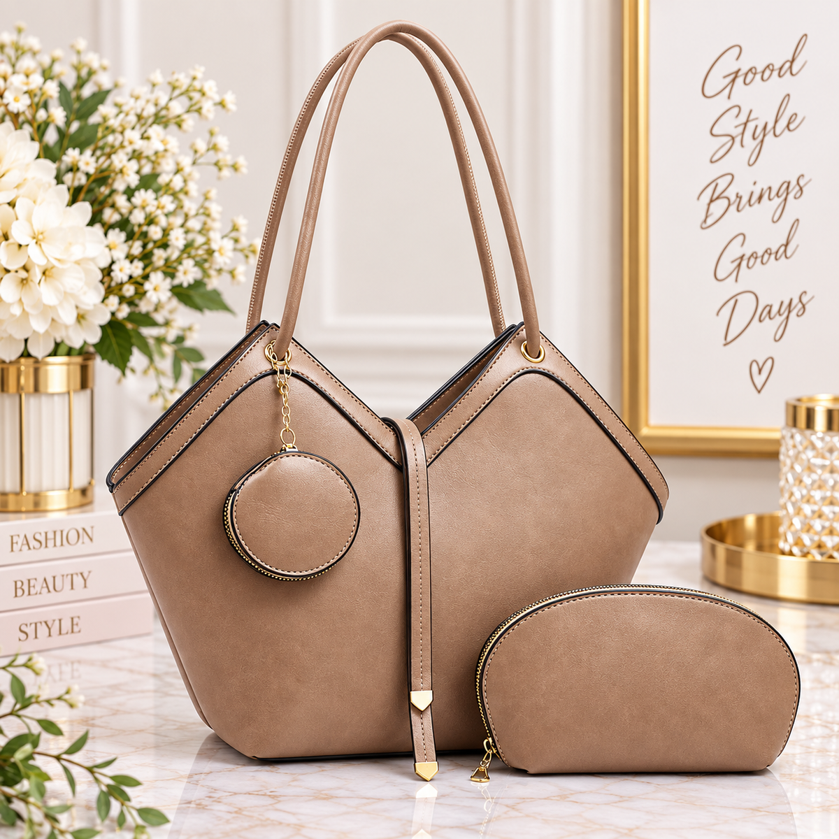 Chic V-Shape Tote Handbag 3-Piece Set with Matching Pouch & Coin Purse