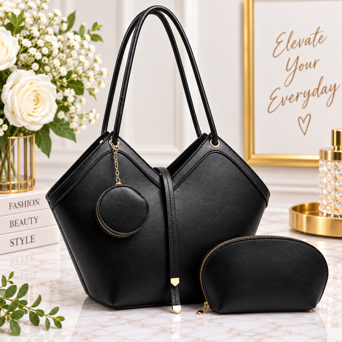 Chic V-Shape Tote Handbag 3-Piece Set with Matching Pouch & Coin Purse