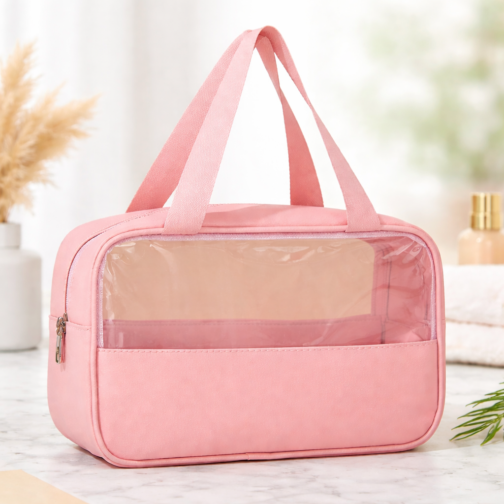 Clear Travel Makeup Bag with Handle – Waterproof Cosmetic Organizer Pouch