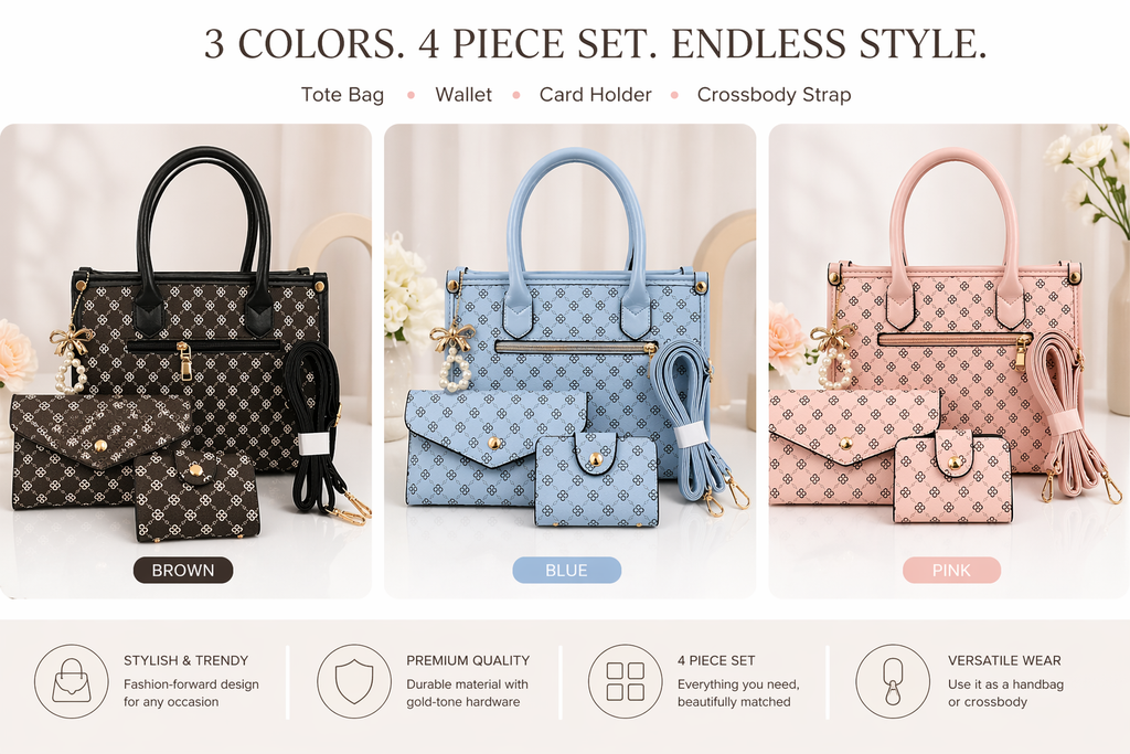 4-Piece Designer Style Handbag Set – Pattern Tote, Crossbody Strap, Wallet & Card Holder