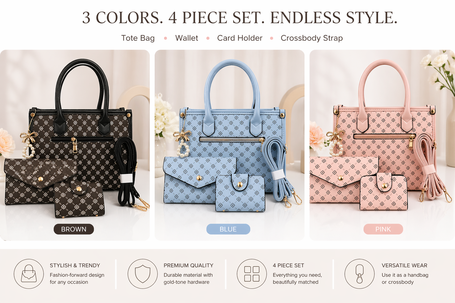 4-Piece Designer Style Handbag Set – Pattern Tote, Crossbody Strap, Wallet & Card Holder
