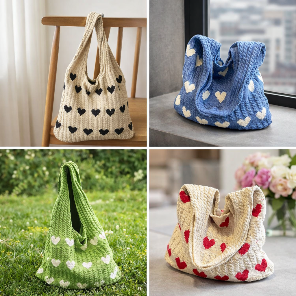 Heart Pattern Yarn Vintage Tote Bag