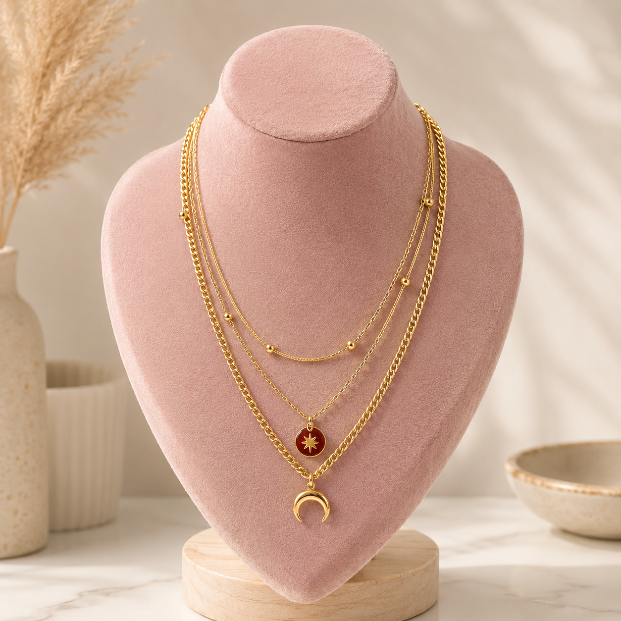 Moon & Star Layered Necklace – Gold Plated Stainless Steel