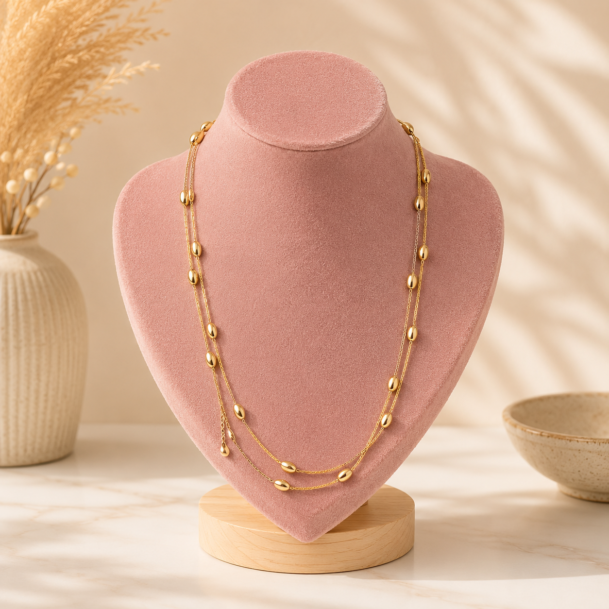 Minimalist Long Beaded Necklace – Gold Plated Stainless Steel