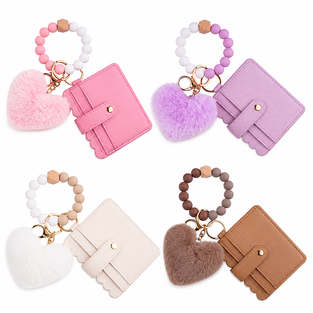 Women's Faux Leather Wristlet Wallet Keychain with Silicone Beaded Bracelet & heart Pom Charm
