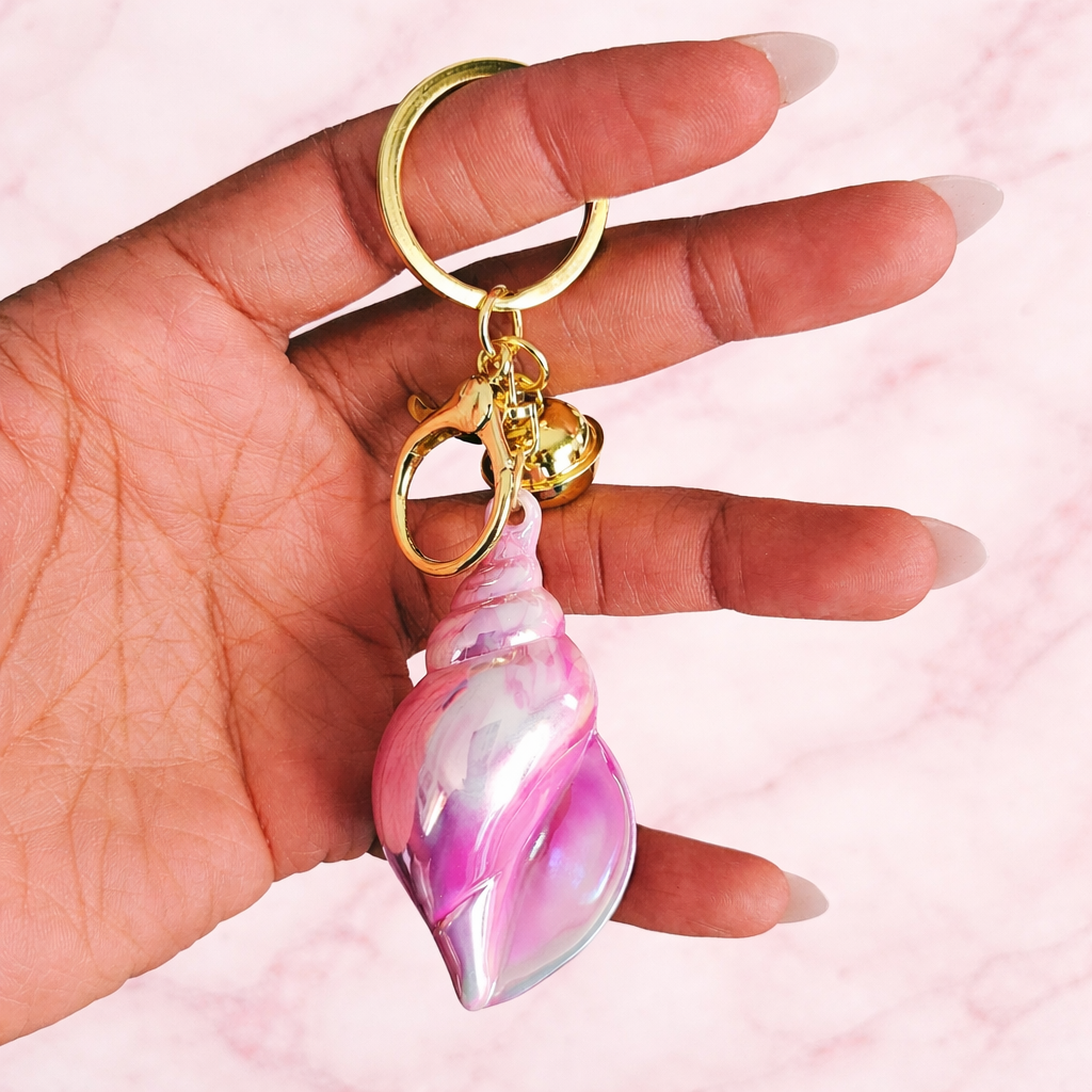 Iridescent Shell Keychain Charm with Gold Bell