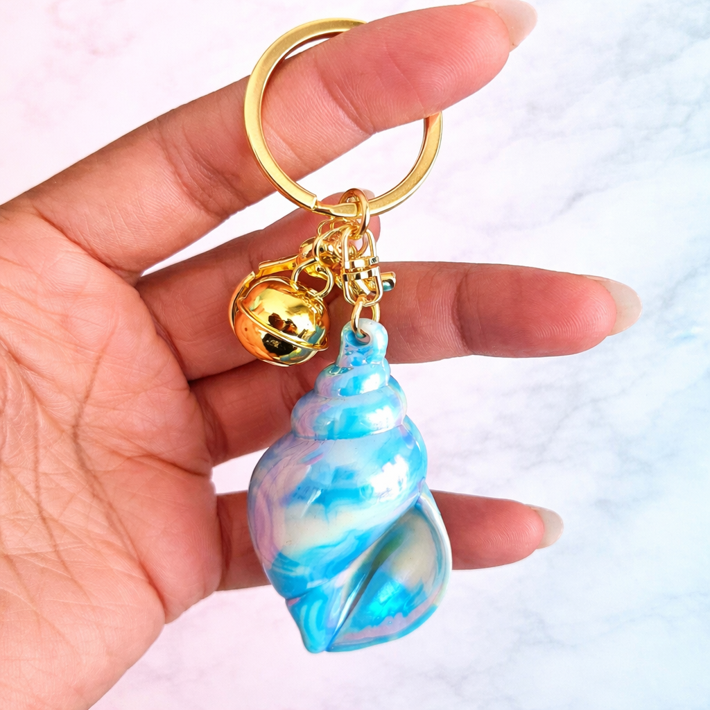 Iridescent Shell Keychain Charm with Gold Bell