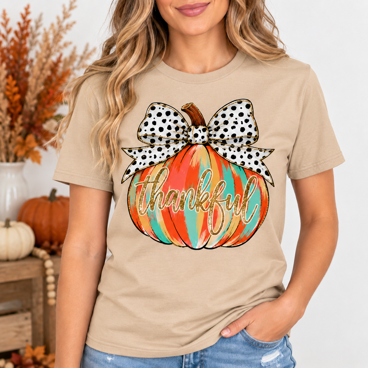 Thankful Pumpkin & Bow Fall Tee & Sweatshirt