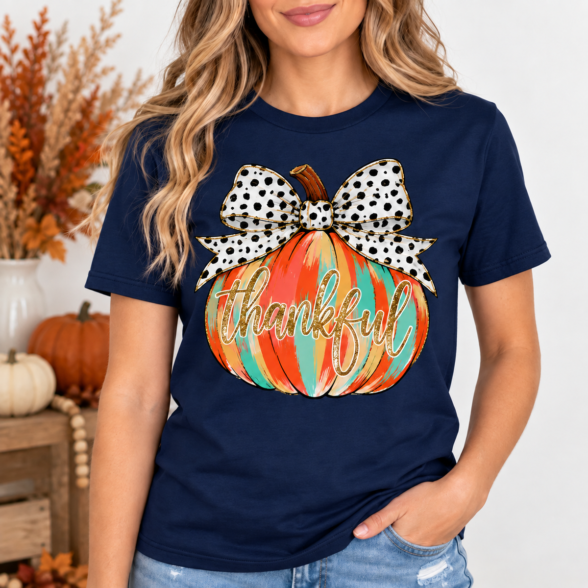 Thankful Pumpkin & Bow Fall Tee & Sweatshirt