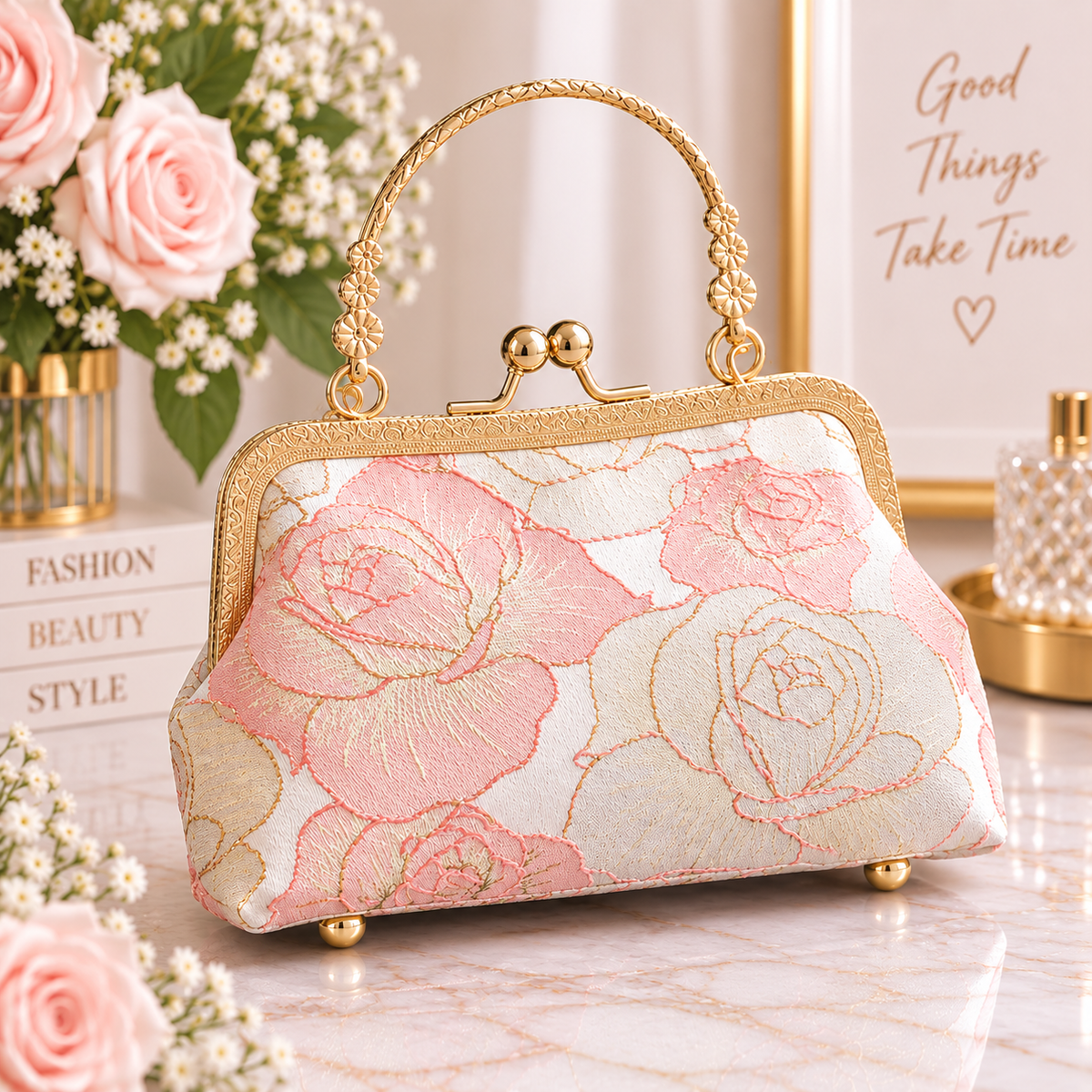 Vintage Rose Floral Kiss-Lock Evening Handbag