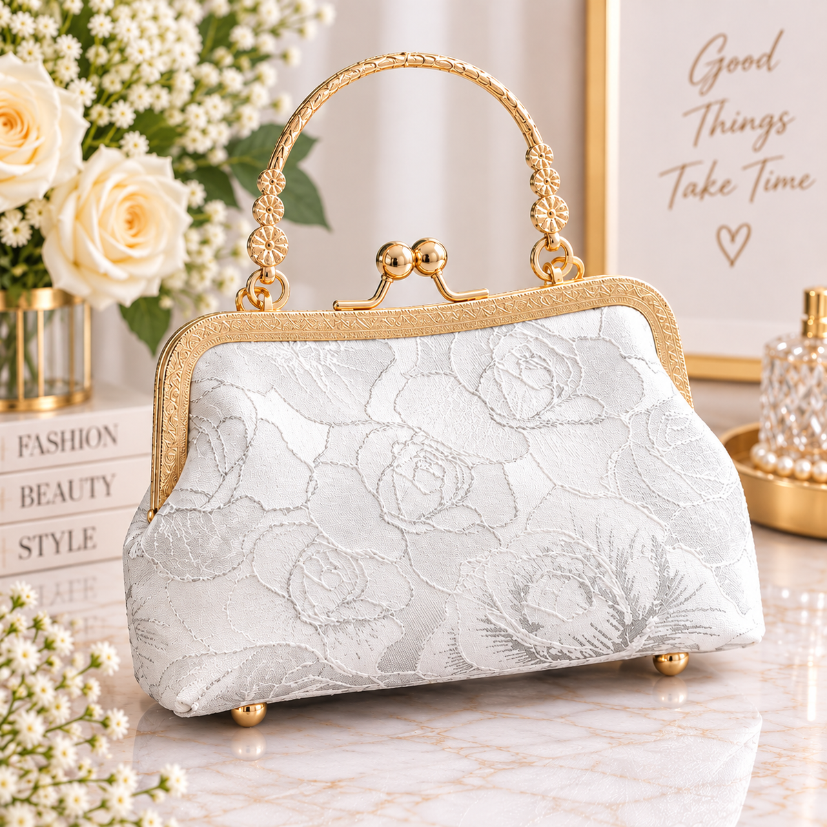 Vintage Rose Floral Kiss-Lock Evening Handbag