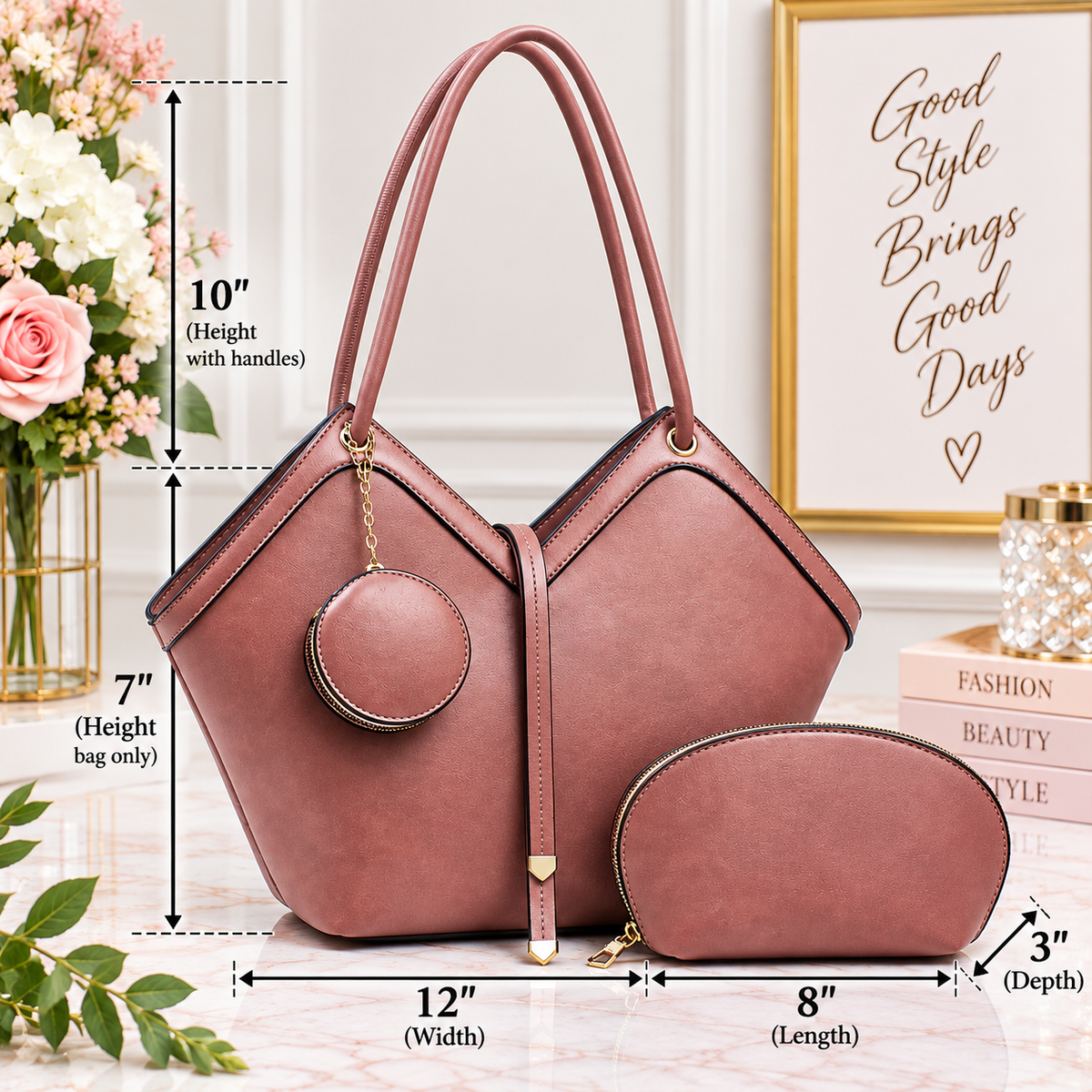 Chic V-Shape Tote Handbag 3-Piece Set with Matching Pouch & Coin Purse