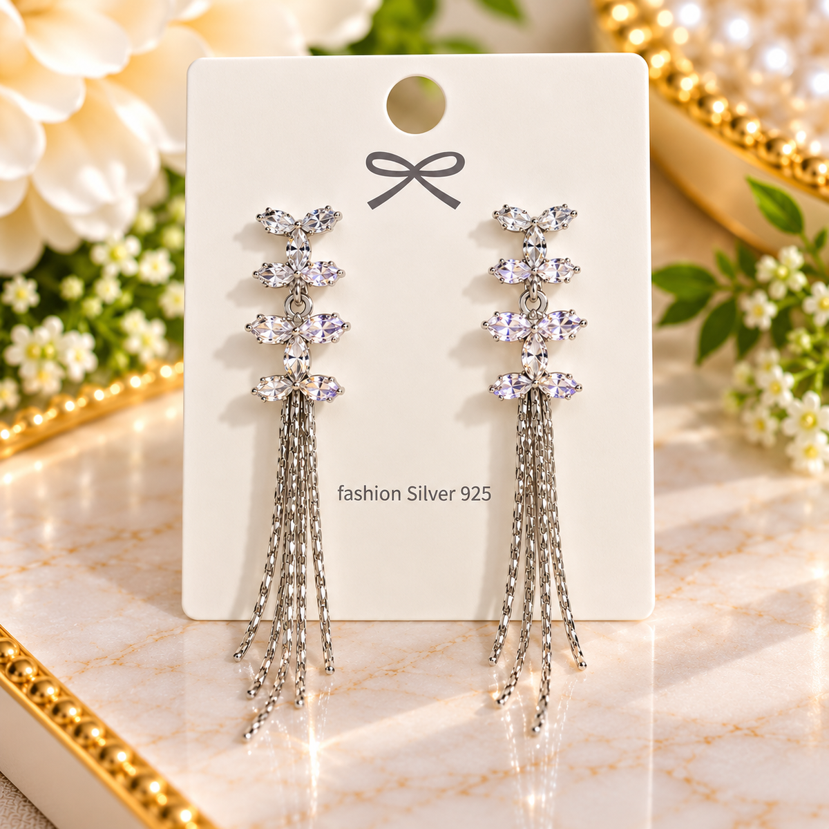 Elegant Crystal Butterfly Tassel Drop Earrings – S925 Sterling Silver Posts