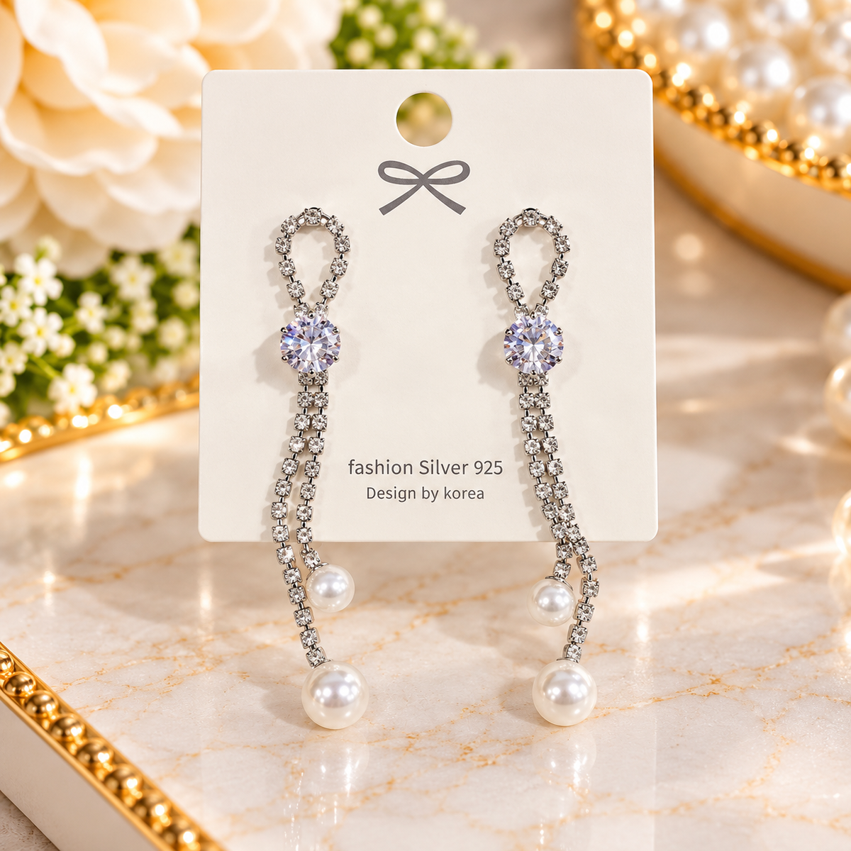 Elegant Crystal & Pearl Tassel Drop Earrings – S925 Sterling Silver Posts