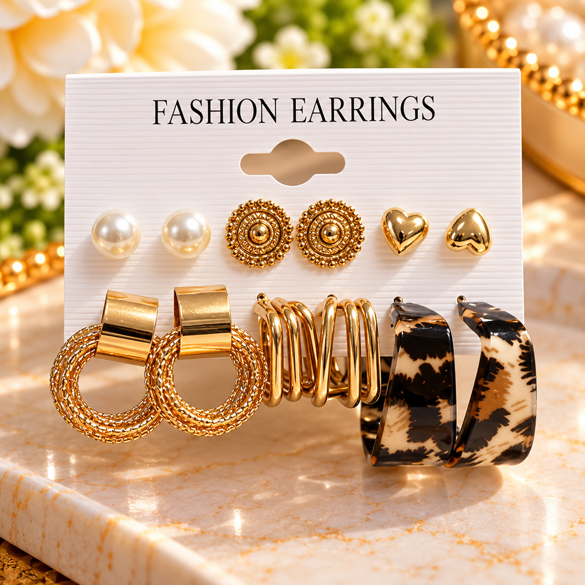 Chic & Wild 6-Pair Earring Set – Gold-Tone Hoops, Pearl Studs & Leopard Print Earrings