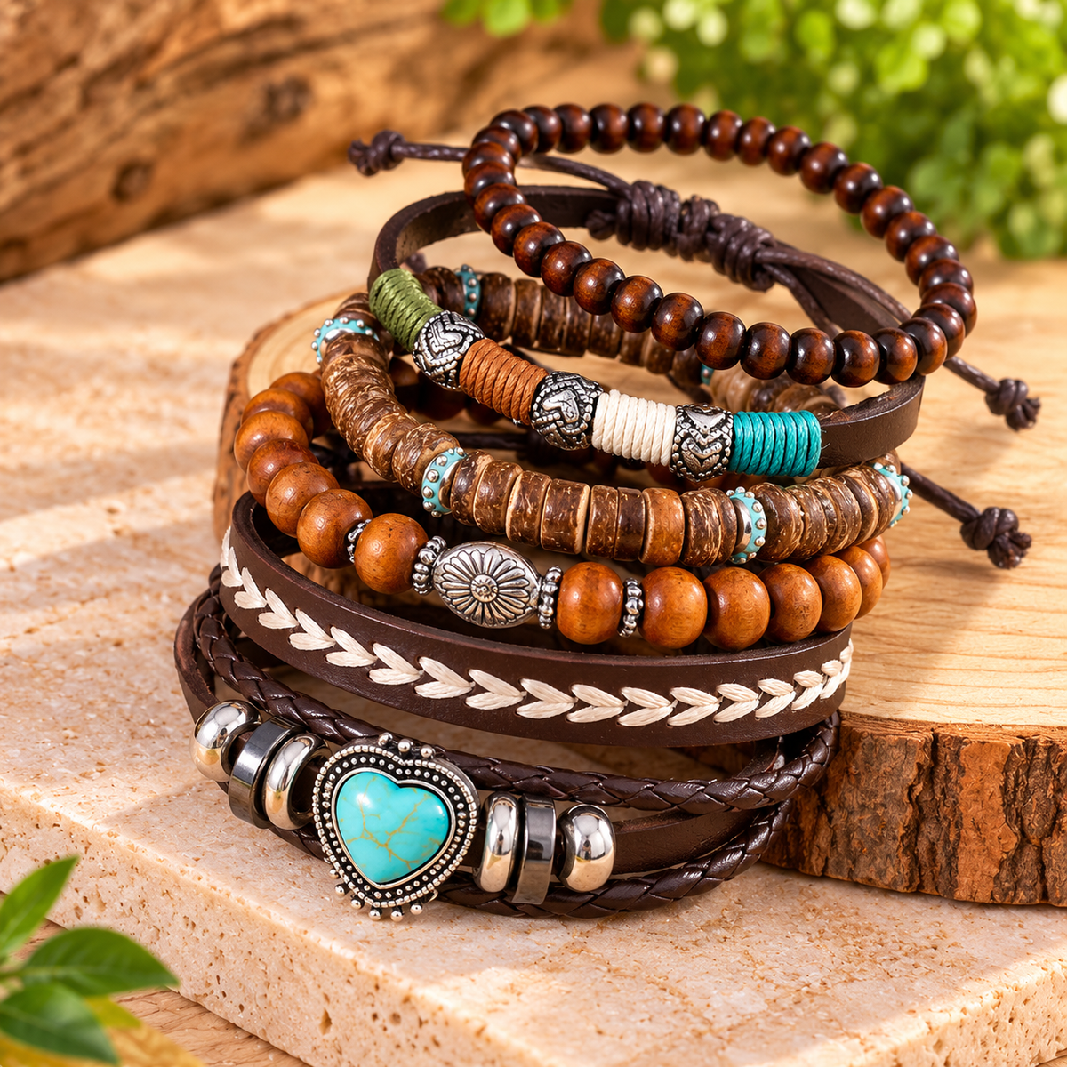 Western Boho Turquoise Heart Bracelet Stack – Rustic Wood Bead & Leather Bracelet Set