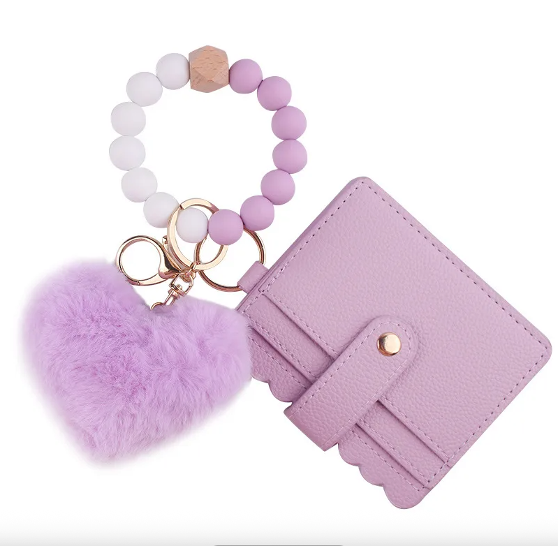 Women's Faux Leather Wristlet Wallet Keychain with Silicone Beaded Bracelet & heart Pom Charm