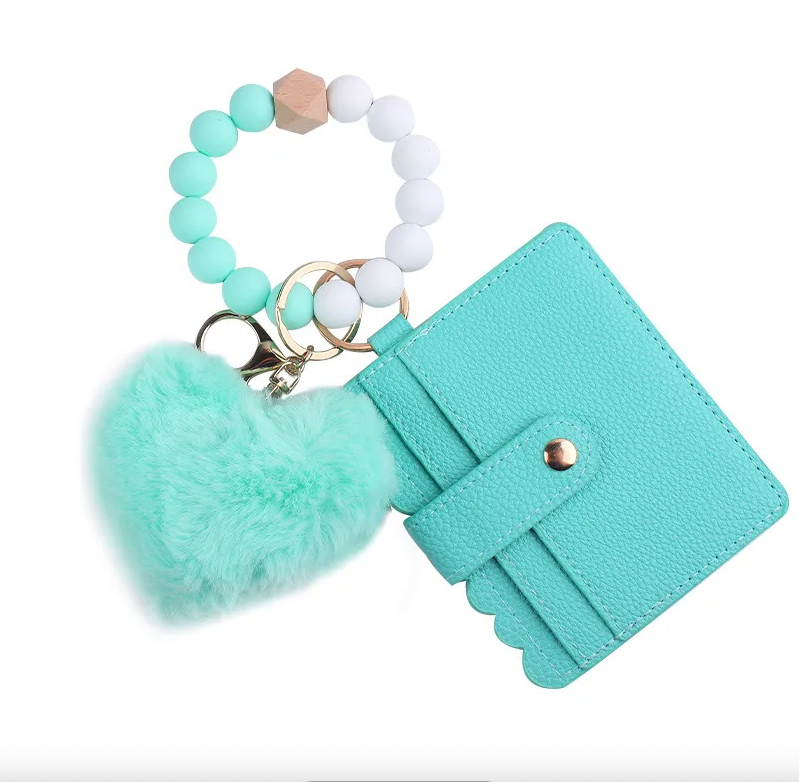 Women's Faux Leather Wristlet Wallet Keychain with Silicone Beaded Bracelet & heart Pom Charm