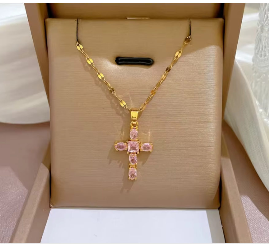 18K Gold Plated - Stainless Steel Pink Cross Necklace – Elegant Faith Collection