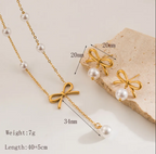 Bow & Pearl Elegance Necklace & Earring Set – 18K Gold Plated Stainless Steel