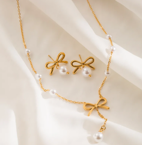 Bow & Pearl Elegance Necklace & Earring Set – 18K Gold Plated Stainless Steel